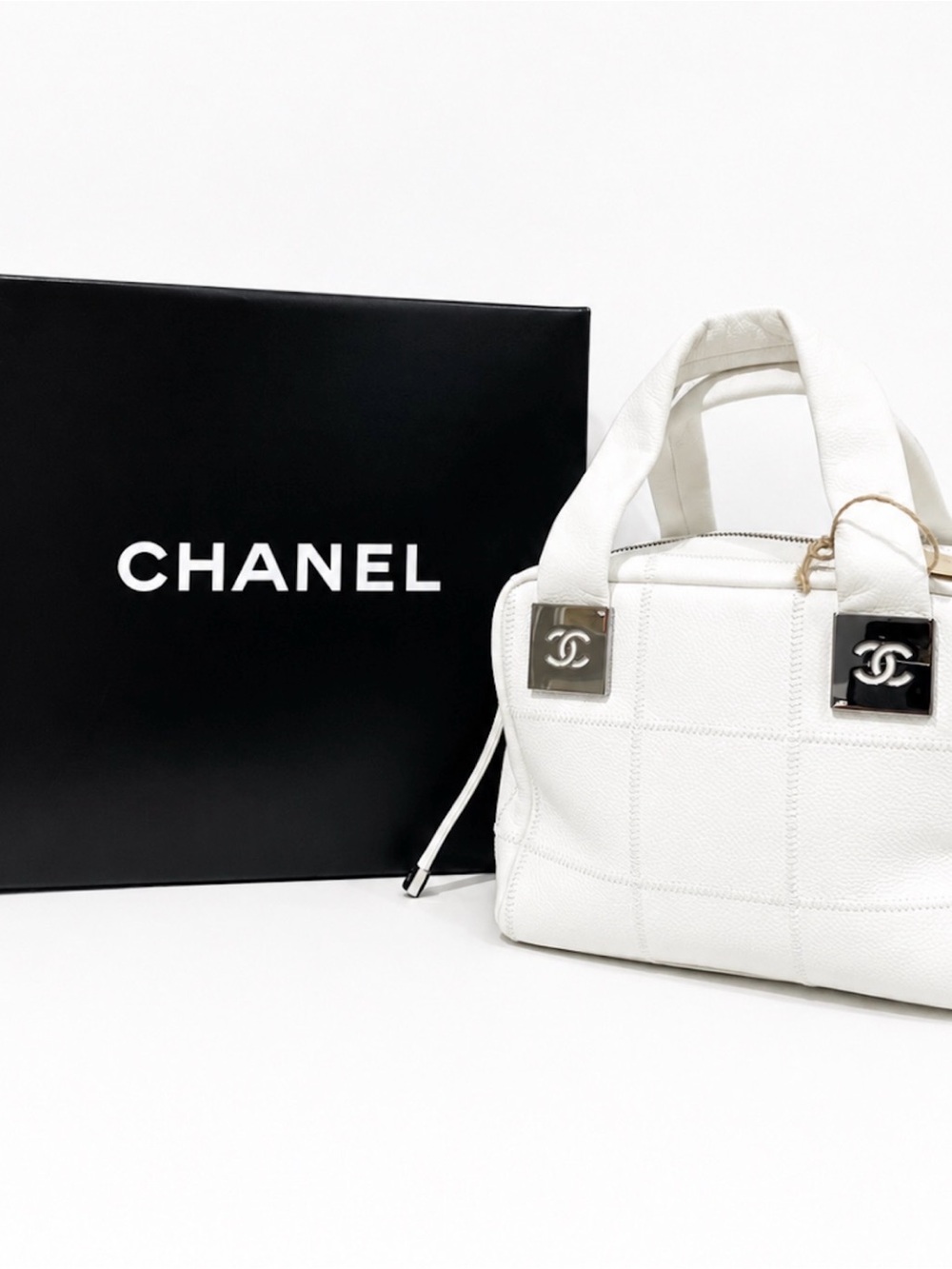 CHANEL White Quilted Caviar Leather Small Bowler Bag - New With Tags